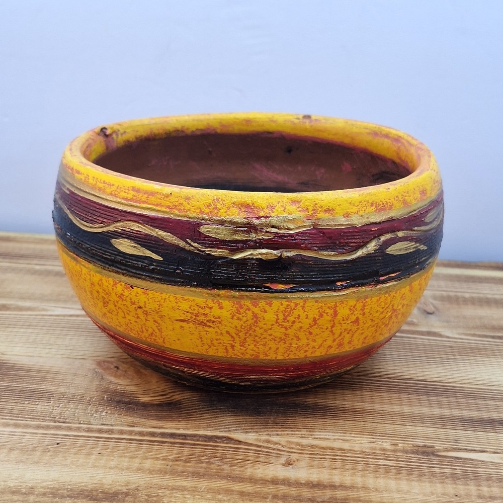 Studio Art Pottery Planter Stoneware Glazed Round Brown Orange Red Signed 6 X 4"